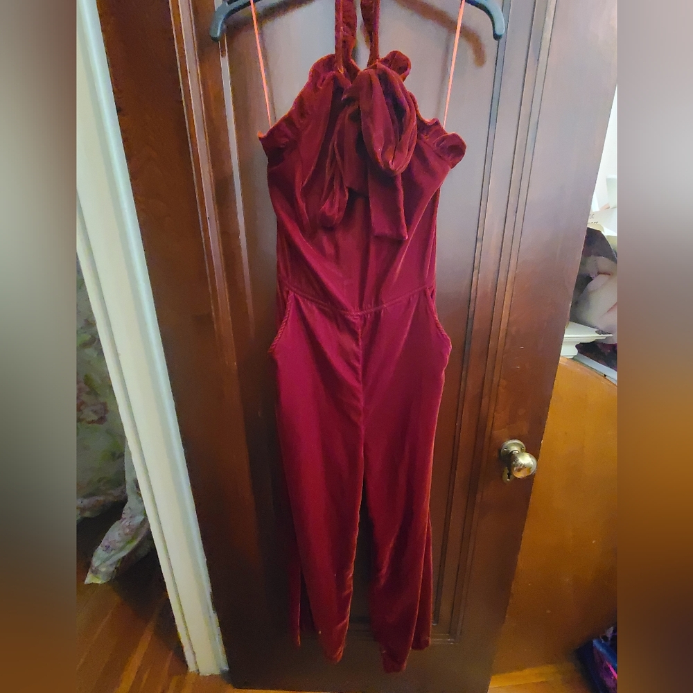 Burgundy Velvet Halter Jumpsuit- Size Medium
